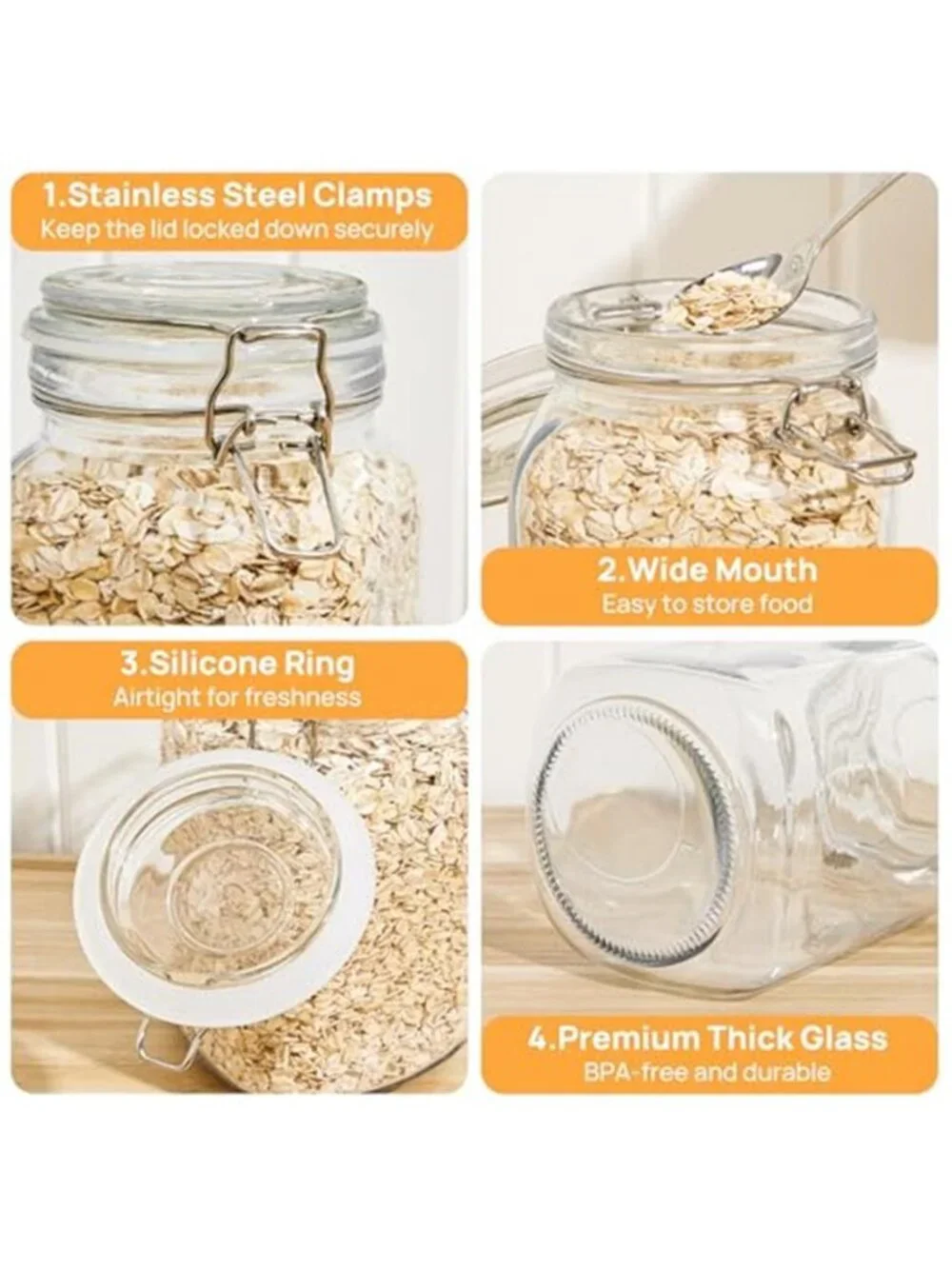 50oz Airtight Glass Jars with Lids, 3 PCS Food Storage Canister for Kitchen